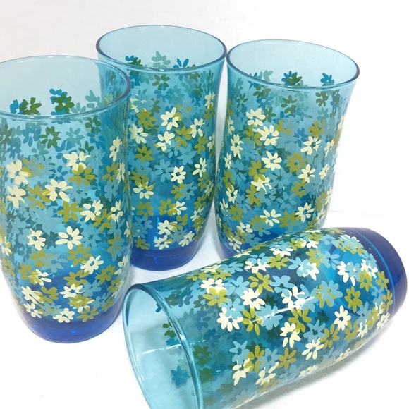 Vintage 1970's Daisy Floral Aquamarine Glasses Tumblers Flower Power 6" Set of 4